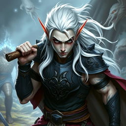 An elf character representing the battle warlock class, depicted in a serious battle stance