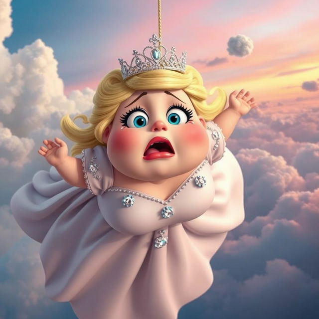 A whimsical scene featuring a fat blonde princess with a shiny tiara, her wide blue eyes filled with fear and surprise, her full red lips parted in shock as she falls from the sky