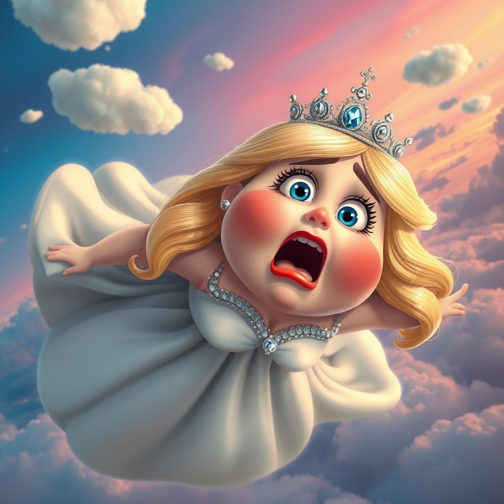 A whimsical scene featuring a fat blonde princess with a shiny tiara, her wide blue eyes filled with fear and surprise, her full red lips parted in shock as she falls from the sky