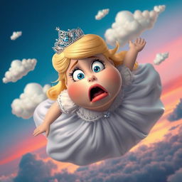 A whimsical scene featuring a fat blonde princess with a shiny tiara, her wide blue eyes filled with fear and surprise, her full red lips parted in shock as she falls from the sky