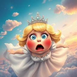A whimsical scene featuring a fat blonde princess with a shiny tiara, her wide blue eyes filled with fear and surprise, her full red lips parted in shock as she falls from the sky