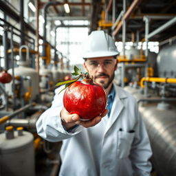 A chemical engineer holding a ripe pomegranate in their hand, surrounded by a busy oil refinery setting