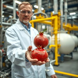 A chemical engineer holding a ripe pomegranate in their hand, surrounded by a busy oil refinery setting