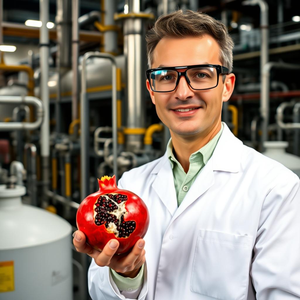 A chemical engineer holding a ripe pomegranate in their hand, surrounded by a busy oil refinery setting
