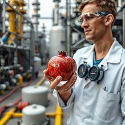 A chemical engineer holding a ripe pomegranate in their hand, surrounded by a busy oil refinery setting