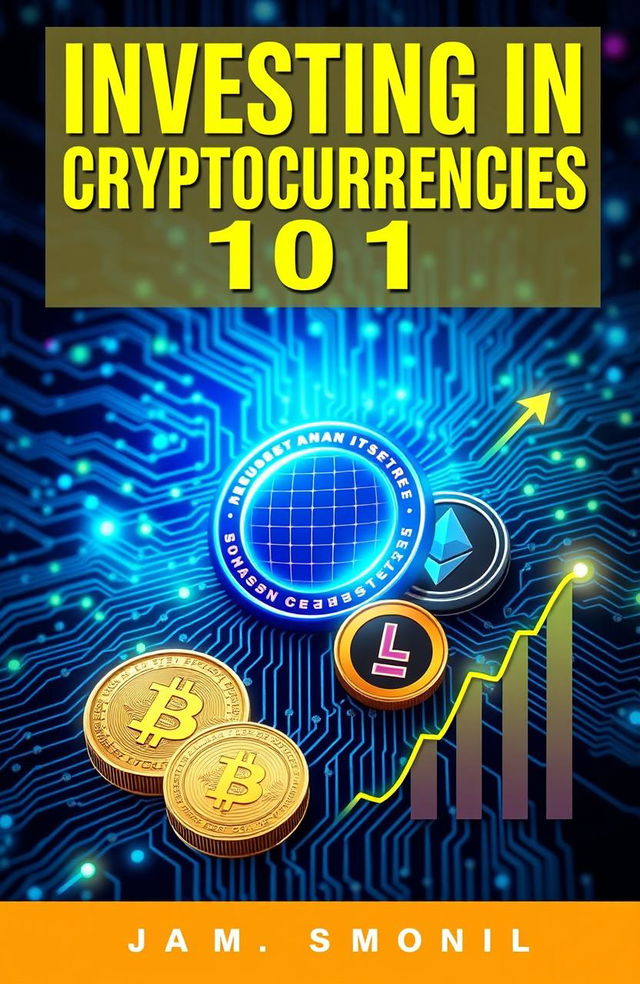 A beautifully designed eBook cover about cryptocurrency investments, featuring a digital background with vibrant, futuristic elements