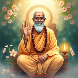 A serene and spiritual portrait of Raghvendra Swami, depicted in traditional attire, with a gentle expression, exuding wisdom and compassion
