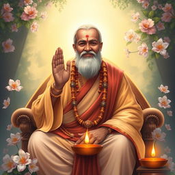 A serene and spiritual portrait of Raghvendra Swami, depicted in traditional attire, with a gentle expression, exuding wisdom and compassion