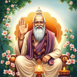 A serene and spiritual portrait of Raghvendra Swami, depicted in traditional attire, with a gentle expression, exuding wisdom and compassion