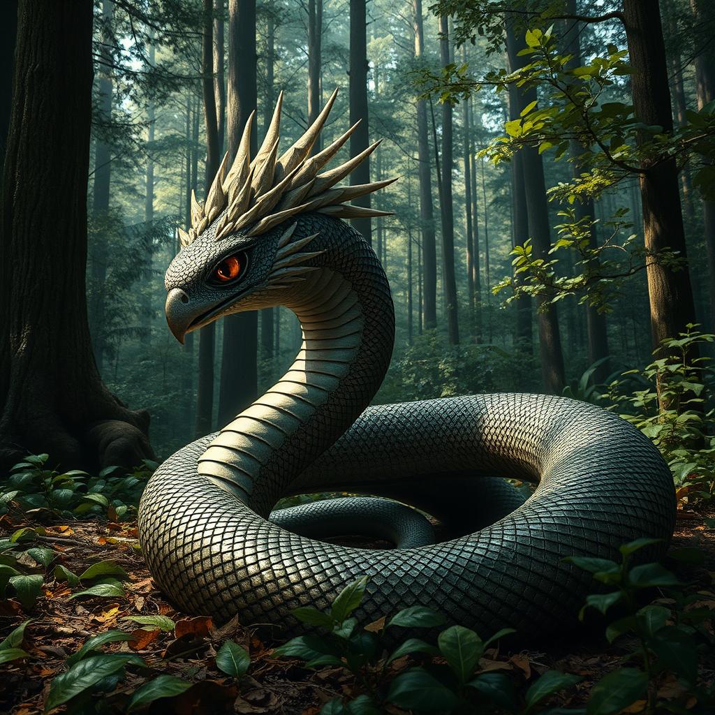 A surreal creature in a dense forest, combining features of an eagle and a snake