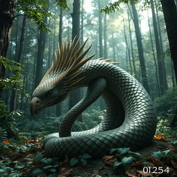 A surreal creature in a dense forest, combining features of an eagle and a snake