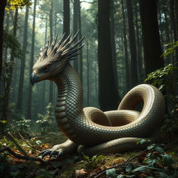 A surreal creature in a dense forest, combining features of an eagle and a snake