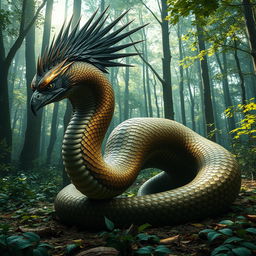 A surreal creature in a dense forest, combining features of an eagle and a snake