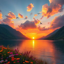 A beautiful and serene landscape featuring a vibrant sunset over a tranquil lake, surrounded by lush green mountains