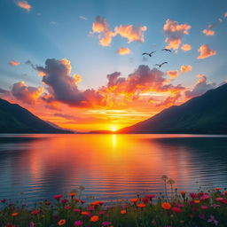 A beautiful and serene landscape featuring a vibrant sunset over a tranquil lake, surrounded by lush green mountains