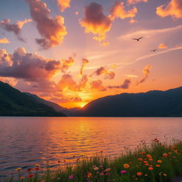 A beautiful and serene landscape featuring a vibrant sunset over a tranquil lake, surrounded by lush green mountains