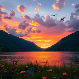 A beautiful and serene landscape featuring a vibrant sunset over a tranquil lake, surrounded by lush green mountains