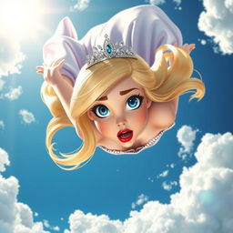 A beautiful blonde princess with a sparkling tiara, large blue eyes, and bold red lips, depicted in a dramatic scene as she falls from the sky