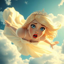 A beautiful blonde princess with a sparkling tiara, large blue eyes, and bold red lips, depicted in a dramatic scene as she falls from the sky
