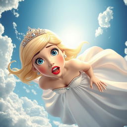 A beautiful blonde princess with a sparkling tiara, large blue eyes, and bold red lips, depicted in a dramatic scene as she falls from the sky