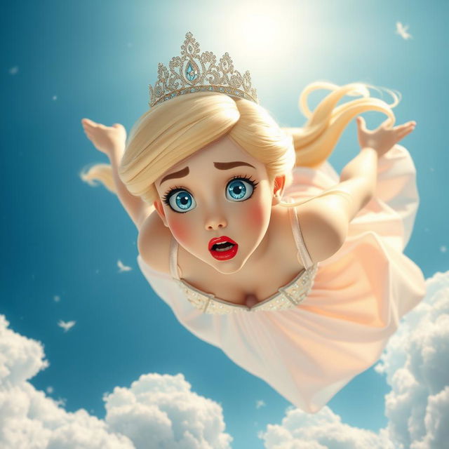 A beautiful blonde princess with a sparkling tiara, large blue eyes, and bold red lips, depicted in a dramatic scene as she falls from the sky