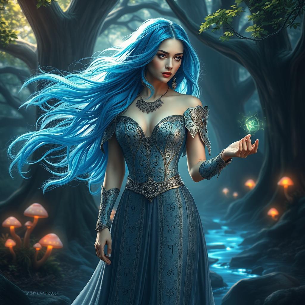 A stunning sorceress with flowing, vibrant blue hair, wearing an ornate silver gown adorned with intricate runes