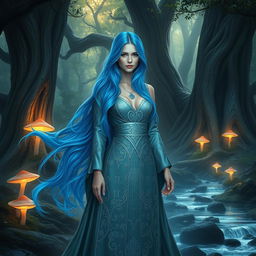 A stunning sorceress with flowing, vibrant blue hair, wearing an ornate silver gown adorned with intricate runes
