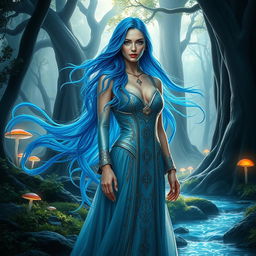 A stunning sorceress with flowing, vibrant blue hair, wearing an ornate silver gown adorned with intricate runes