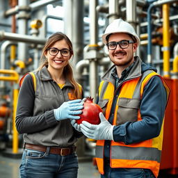 A female and male chemical engineer in a refinery setting, both holding a pomegranate
