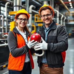 A female and male chemical engineer in a refinery setting, both holding a pomegranate
