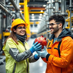 A female and male chemical engineer in a refinery setting, both holding a pomegranate