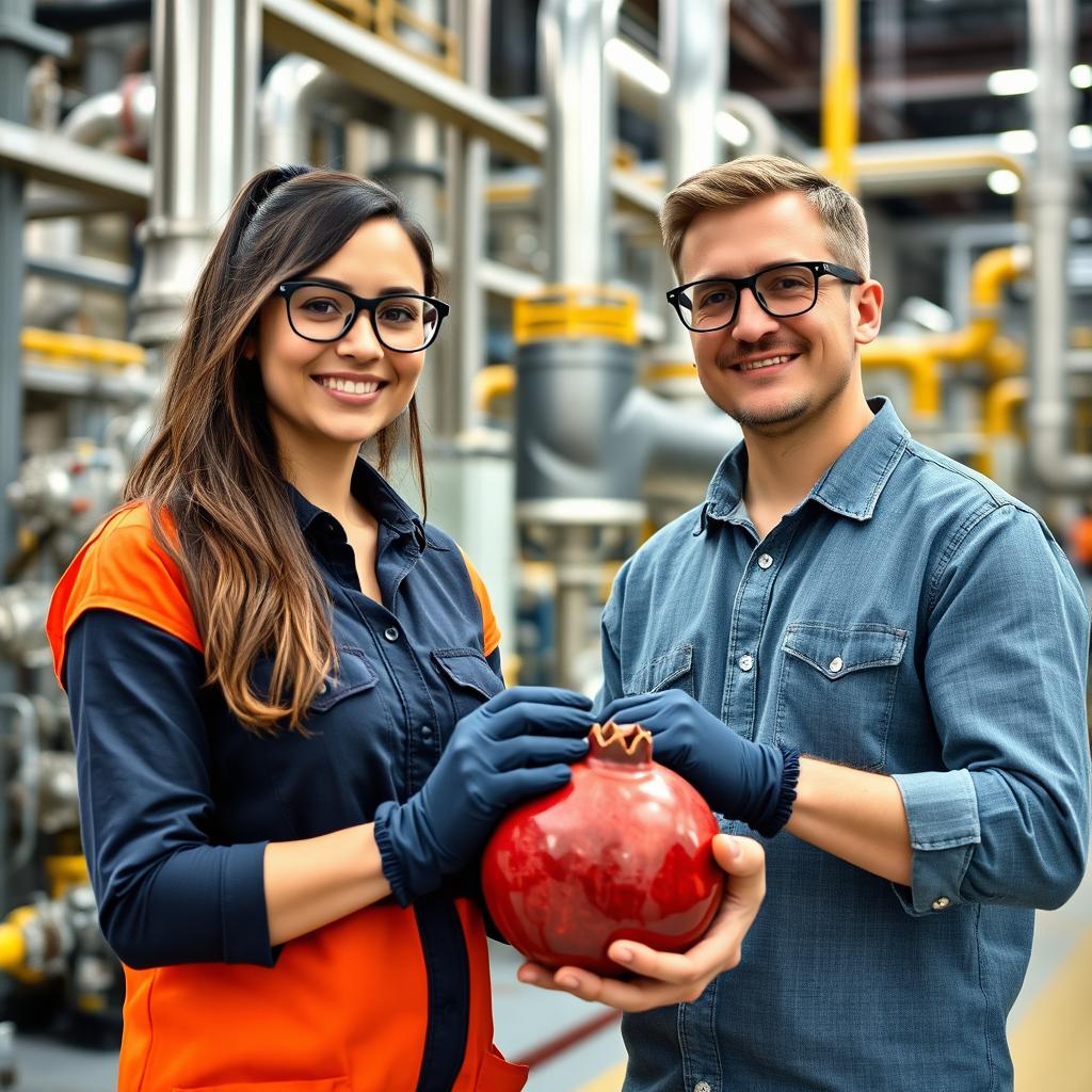 A female and male chemical engineer in a refinery setting, both holding a pomegranate