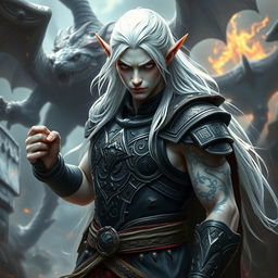 An elf character representing the battle warlock class, captured in a serious battle stance