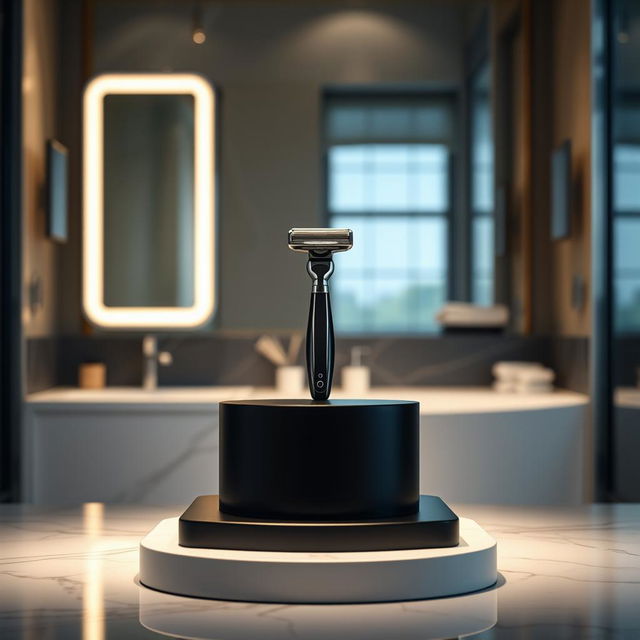 A sophisticated and modern background featuring a sleek podium that can be used for displaying products such as Gillette men's razors