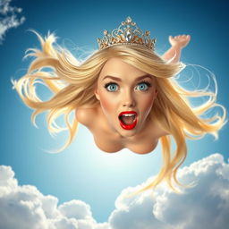 A beautiful blonde princess with a sparkling tiara, bright blue eyes, and striking red lips, is depicted in mid-fall from a radiant blue sky