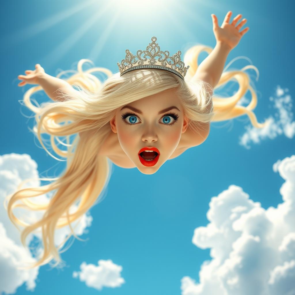 A beautiful blonde princess with a sparkling tiara, bright blue eyes, and striking red lips, is depicted in mid-fall from a radiant blue sky