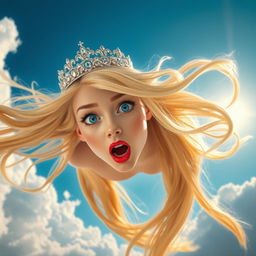 A beautiful blonde princess with a sparkling tiara, bright blue eyes, and striking red lips, is depicted in mid-fall from a radiant blue sky