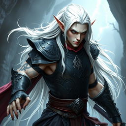 An elf character representing the battle warlock class, positioned in a serious battle stance