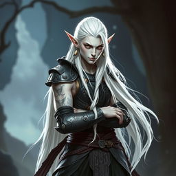 An elf character representing the battle warlock class, positioned in a serious battle stance