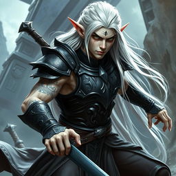 An elf character representing the battle warlock class, positioned in a serious battle stance