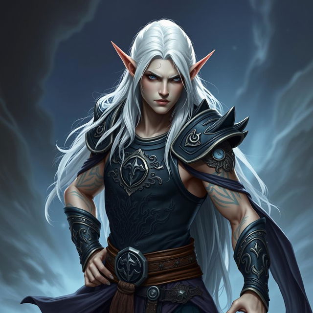 An elf character representing the battle warlock class, positioned in a serious battle stance