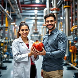A male and female chemical engineering student standing together in a modern refinery, holding a pomegranate in their hands