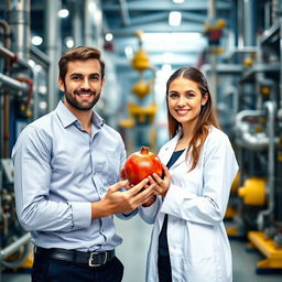 A male and female chemical engineering student standing together in a modern refinery, holding a pomegranate in their hands