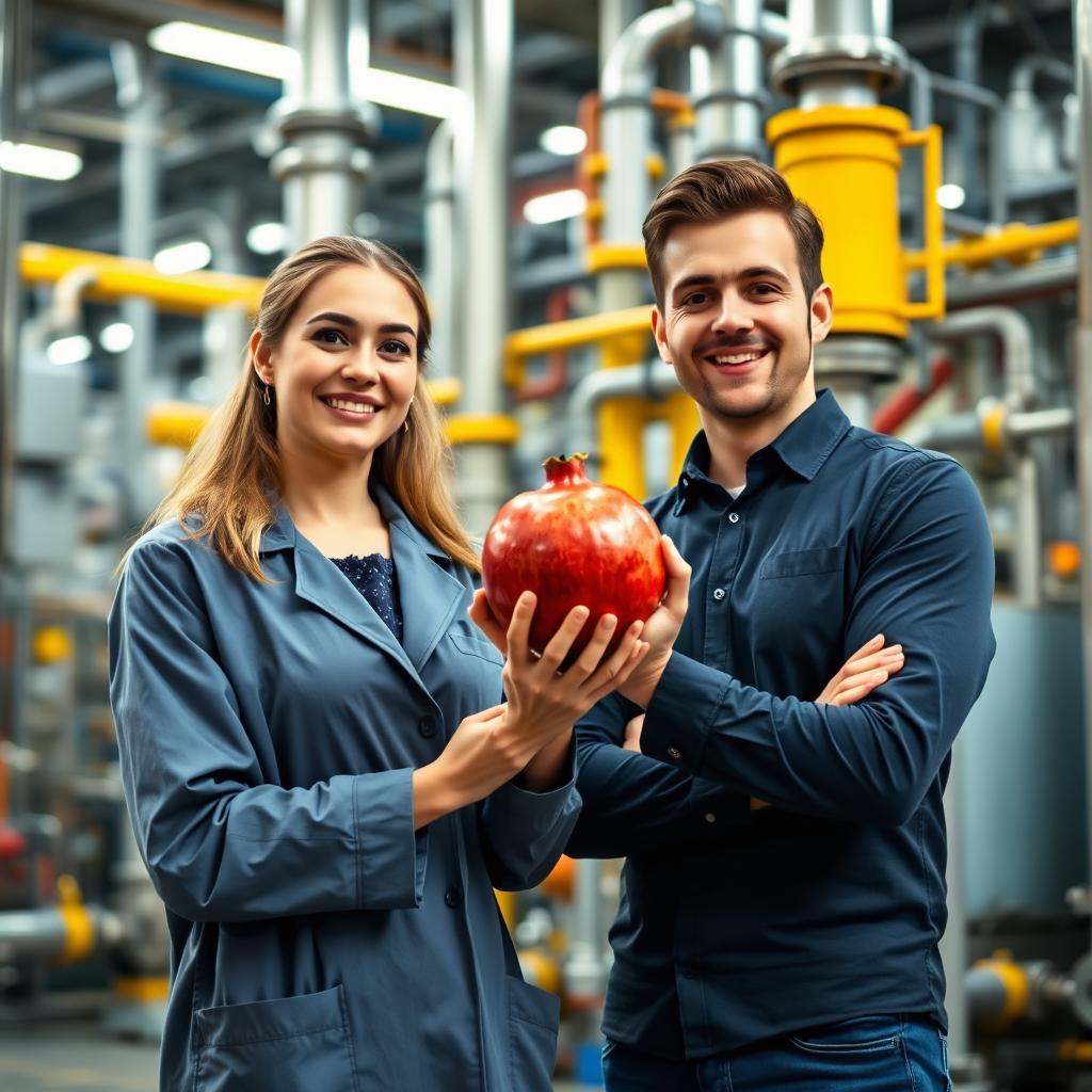 A male and female chemical engineering student standing together in a modern refinery, holding a pomegranate in their hands