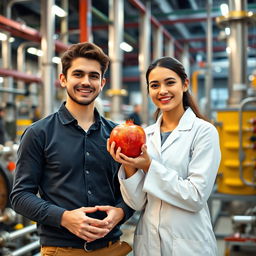 A male and female chemical engineering student standing together in a modern refinery, holding a pomegranate in their hands