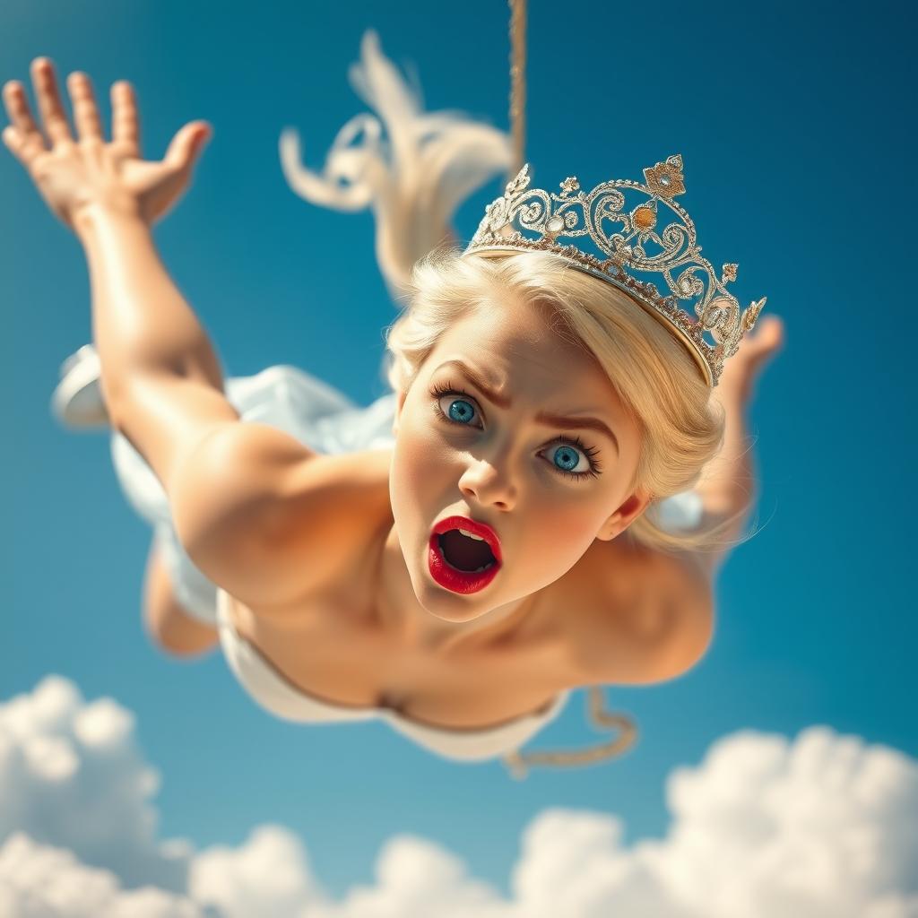 A beautiful blonde princess wearing an intricate tiara, with stunning blue eyes and vibrant red lips, is depicted gracefully falling from the sky