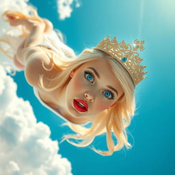 A beautiful blonde princess wearing an intricate tiara, with stunning blue eyes and vibrant red lips, is depicted gracefully falling from the sky