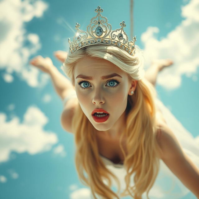 A beautiful blonde princess wearing an intricate tiara, with stunning blue eyes and vibrant red lips, is depicted gracefully falling from the sky