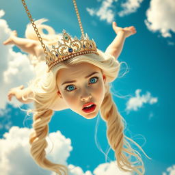 A beautiful blonde princess wearing an intricate tiara, with stunning blue eyes and vibrant red lips, is depicted gracefully falling from the sky