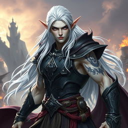 A male elf character representing the battle warlock class, depicted in a serious battle stance